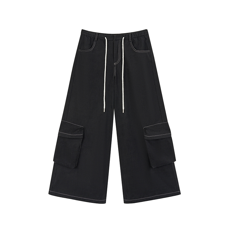 Black Wide-Leg Cargo Pants for Women with Drawstring - Casual Elastic Plaid Trousers, Autumn & Winter Fashion Black Wide-Leg Cargo Pants for Women with Drawstring - Casual Elastic Plaid Trousers, Autumn & Winter Fashion