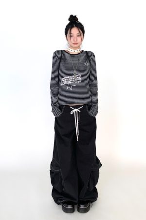 Black Wide-Leg Cargo Pants for Women with Drawstring - Casual Elastic Plaid Trousers, Autumn & Winter Fashion