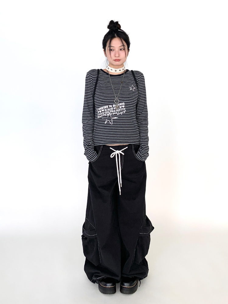 Black Wide-Leg Cargo Pants for Women with Drawstring - Casual Elastic Plaid Trousers, Autumn & Winter Fashion Black Wide-Leg Cargo Pants for Women with Drawstring - Casual Elastic Plaid Trousers, Autumn & Winter Fashion