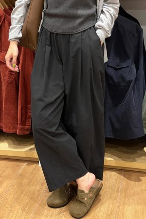 Black Women's Plus Size Summer Balloon Pants, Casual Loose Wide-Leg High-Waisted 90s Style Nine-Point Trousers