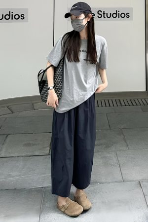 Black Women's Plus Size Summer Balloon Pants, Casual Loose Wide-Leg High-Waisted 90s Style Nine-Point Trousers