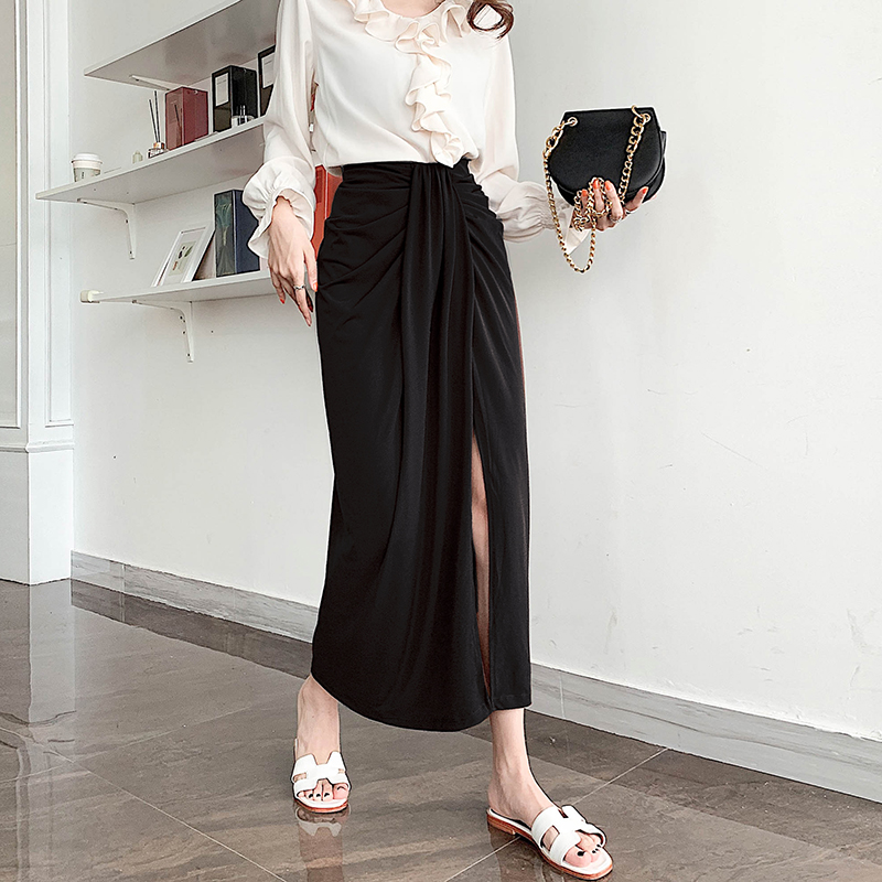 Black Wrinkled Drape High-Waisted Midi Skirt for Women - Slimming Straight Design, Perfect for Spring/Summer 2025 Black Wrinkled Drape High-Waisted Midi Skirt for Women - Slimming Straight Design, Perfect for Spring/Summer 2025