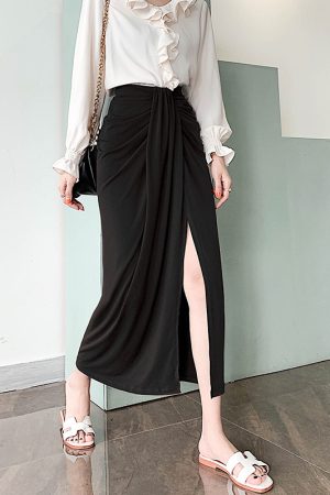 Black Wrinkled Drape High-Waisted Midi Skirt for Women - Slimming Straight Design, Perfect for Spring/Summer 2025