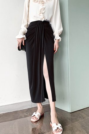 Black Wrinkled Drape High-Waisted Midi Skirt for Women - Slimming Straight Design, Perfect for Spring/Summer 2025