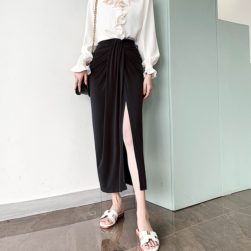 Black Wrinkled Drape High-Waisted Midi Skirt for Women - Slimming Straight Design, Perfect for Spring/Summer 2025 Black Wrinkled Drape High-Waisted Midi Skirt for Women - Slimming Straight Design, Perfect for Spring/Summer 2025