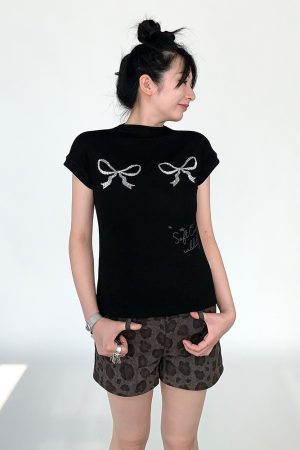 Bling Sequin Embroidered Bow Print High Neck Slim Fit Top for Girls - Summer Fashion Tee, Perfect for Y2K and 90s Style