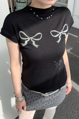 Bling Sequin Embroidered Bow Print High Neck Slim Fit Top for Girls - Summer Fashion Tee, Perfect for Y2K and 90s Style