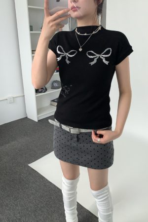Bling Sequin Embroidered Bow Print High Neck Slim Fit Top for Girls - Summer Fashion Tee, Perfect for Y2K and 90s Style
