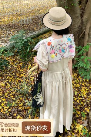 Blooming Cherry Blossom Road French Tassel Cotton Linen Dress - Summer Loose A-line Puff Sleeve Long Dress for Women