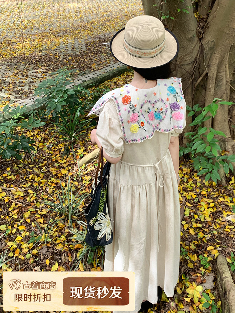 Blooming Cherry Blossom Road French Tassel Cotton Linen Dress - Summer Loose A-line Puff Sleeve Long Dress for Women Blooming Cherry Blossom Road French Tassel Cotton Linen Dress - Summer Loose A-line Puff Sleeve Long Dress for Women