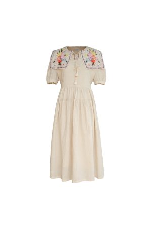Blooming Cherry Blossom Road French Tassel Cotton Linen Dress - Summer Loose A-line Puff Sleeve Long Dress for Women