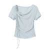 Blue 3D Bow Ruffled Collar Short-Sleeve T-Shirt for Women â€“ Summer Lace Edge Knitted Top, Cute 90s Inspired Fashion