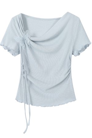 Blue 3D Bow Ruffled Collar Short-Sleeve T-Shirt for Women â€“ Summer Lace Edge Knitted Top, Cute 90s Inspired Fashion