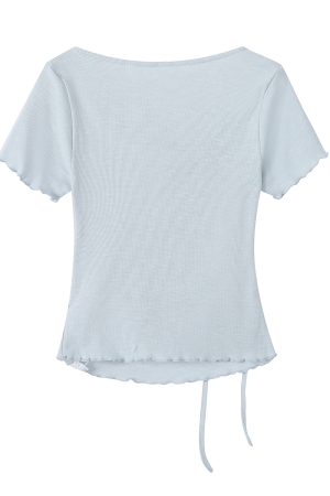 Blue 3D Bow Ruffled Collar Short-Sleeve T-Shirt for Women â€“ Summer Lace Edge Knitted Top, Cute 90s Inspired Fashion