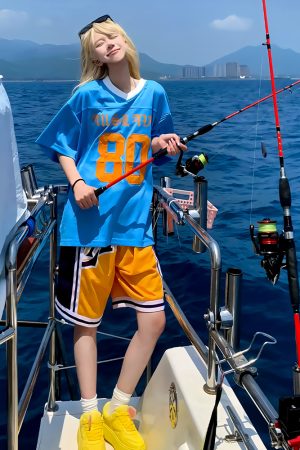 Blue American Retro Mesh Jersey T-Shirt for Women, Summer Short Sleeve Loose Fit V-Neck Top, Outdoor Sports Style