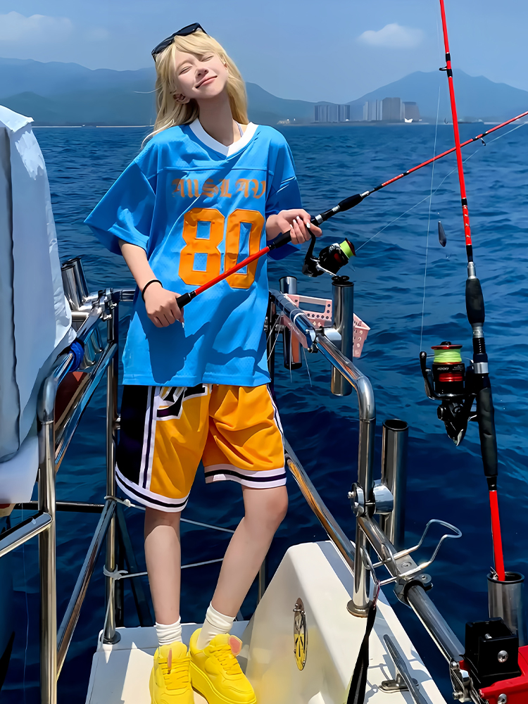 Blue American Retro Mesh Jersey T-Shirt for Women, Summer Short Sleeve Loose Fit V-Neck Top, Outdoor Sports Style Blue American Retro Mesh Jersey T-Shirt for Women, Summer Short Sleeve Loose Fit V-Neck Top, Outdoor Sports Style