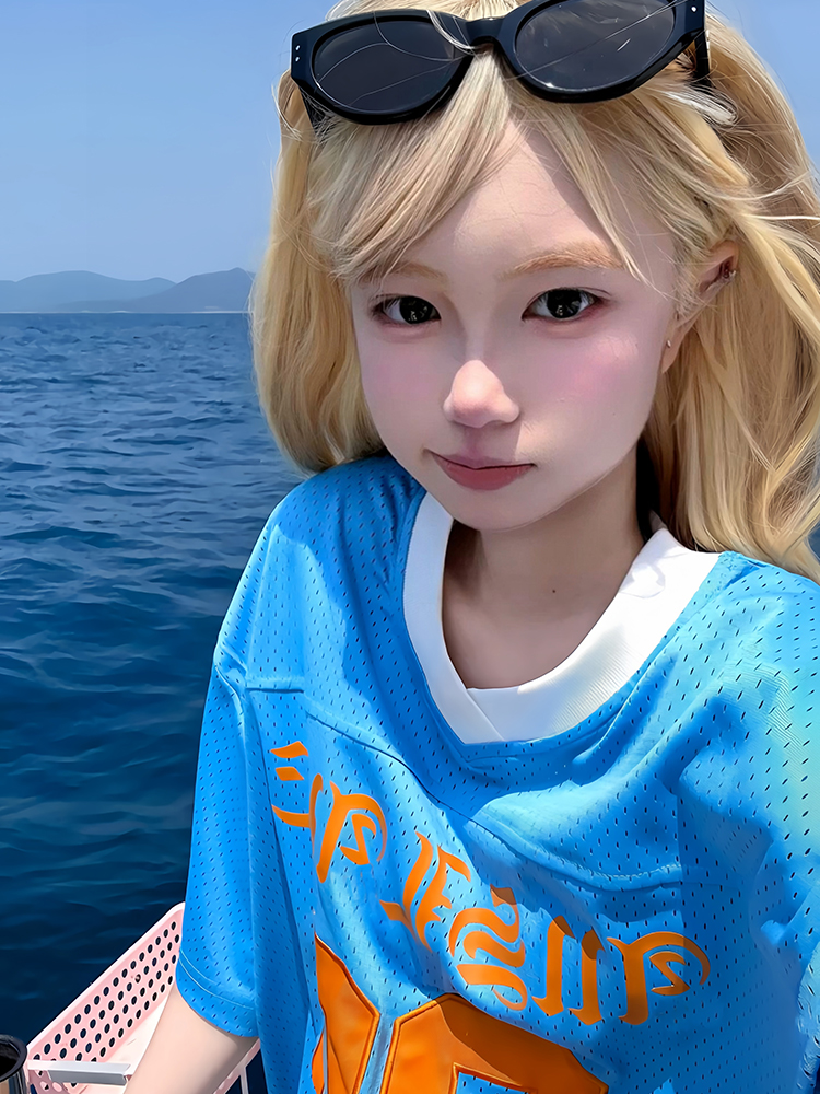 Blue American Retro Mesh Jersey T-Shirt for Women, Summer Short Sleeve Loose Fit V-Neck Top, Outdoor Sports Style Blue American Retro Mesh Jersey T-Shirt for Women, Summer Short Sleeve Loose Fit V-Neck Top, Outdoor Sports Style