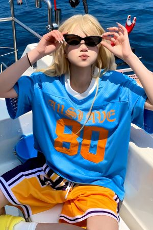 Blue American Retro Mesh Jersey T-Shirt for Women, Summer Short Sleeve Loose Fit V-Neck Top, Outdoor Sports Style