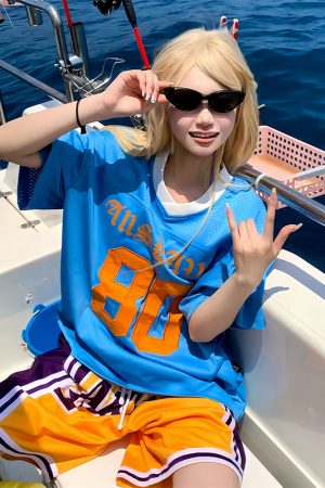 Blue American Retro Mesh Jersey T-Shirt for Women, Summer Short Sleeve Loose Fit V-Neck Top, Outdoor Sports Style