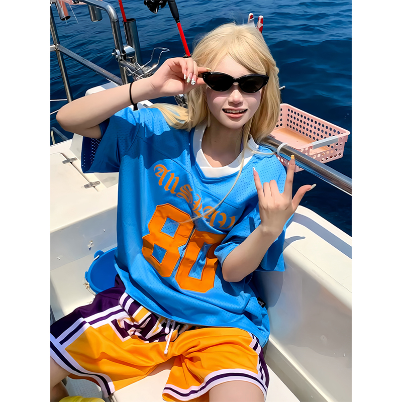 Blue American Retro Mesh Jersey T-Shirt for Women, Summer Short Sleeve Loose Fit V-Neck Top, Outdoor Sports Style Blue American Retro Mesh Jersey T-Shirt for Women, Summer Short Sleeve Loose Fit V-Neck Top, Outdoor Sports Style