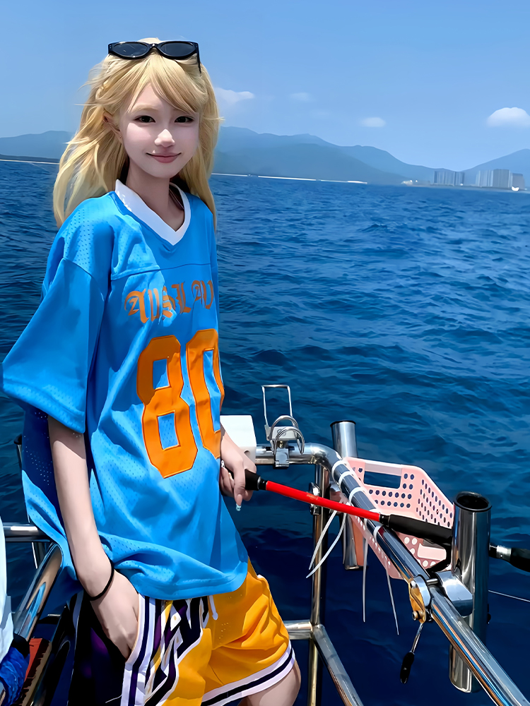 Blue American Retro Mesh Jersey T-Shirt for Women, Summer Short Sleeve Loose Fit V-Neck Top, Outdoor Sports Style Blue American Retro Mesh Jersey T-Shirt for Women, Summer Short Sleeve Loose Fit V-Neck Top, Outdoor Sports Style