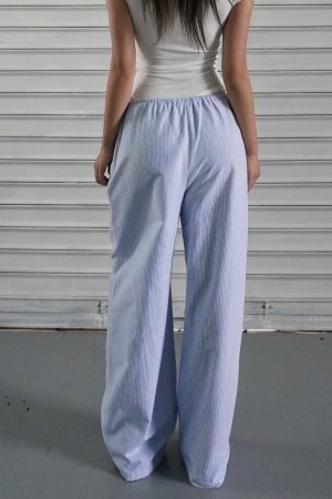 Blue and White Striped Wide-Leg Casual Drawstring Long Pants for Effortless Y2K Style