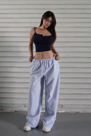 Blue and White Striped Wide-Leg Casual Drawstring Long Pants for Effortless Y2K Style