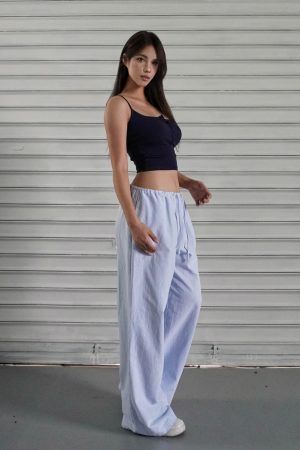 Blue and White Striped Wide-Leg Casual Drawstring Long Pants for Effortless Y2K Style