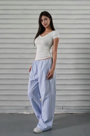Blue and White Striped Wide-Leg Casual Drawstring Long Pants for Effortless Y2K Style