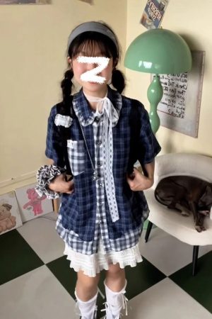 Blue Checkered Short Sleeve Shirt for Women - Summer Color-Blocking Loose Casual Top, Trendy Korean Style