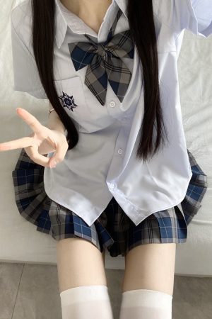 Blue Embroidered JK Uniform Short Sleeve Shirt for Women - Loose College Style Summer Top with Camellia Design