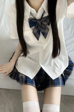 Blue Embroidered JK Uniform Short Sleeve Shirt for Women - Loose College Style Summer Top with Camellia Design