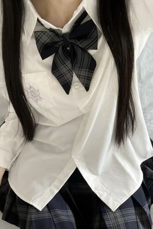 Blue Embroidered JK Uniform Short Sleeve Shirt for Women - Loose College Style Summer Top with Camellia Design