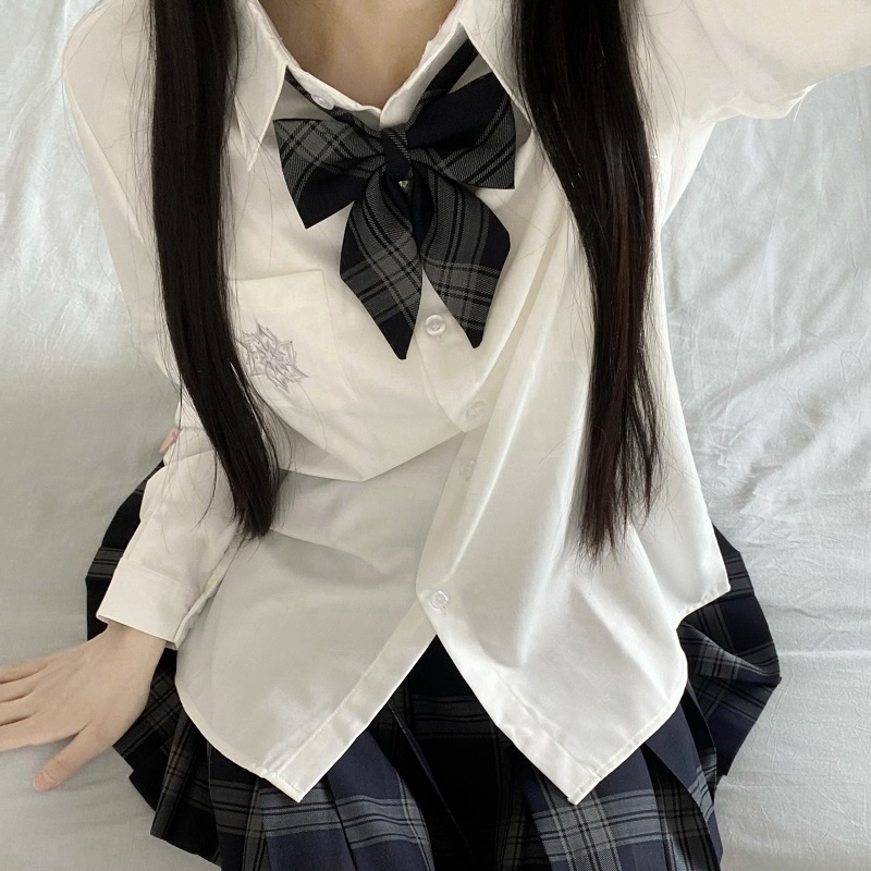 Blue Embroidered JK Uniform Short Sleeve Shirt for Women - Loose College Style Summer Top with Camellia Design Blue Embroidered JK Uniform Short Sleeve Shirt for Women - Loose College Style Summer Top with Camellia Design