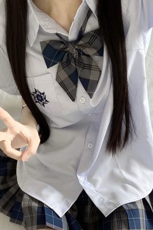 Blue Embroidered JK Uniform Short Sleeve Shirt for Women - Loose College Style Summer Top with Camellia Design