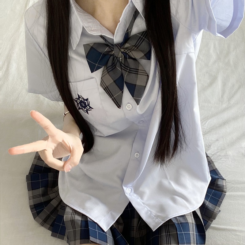 Blue Embroidered JK Uniform Short Sleeve Shirt for Women - Loose College Style Summer Top with Camellia Design Blue Embroidered JK Uniform Short Sleeve Shirt for Women - Loose College Style Summer Top with Camellia Design