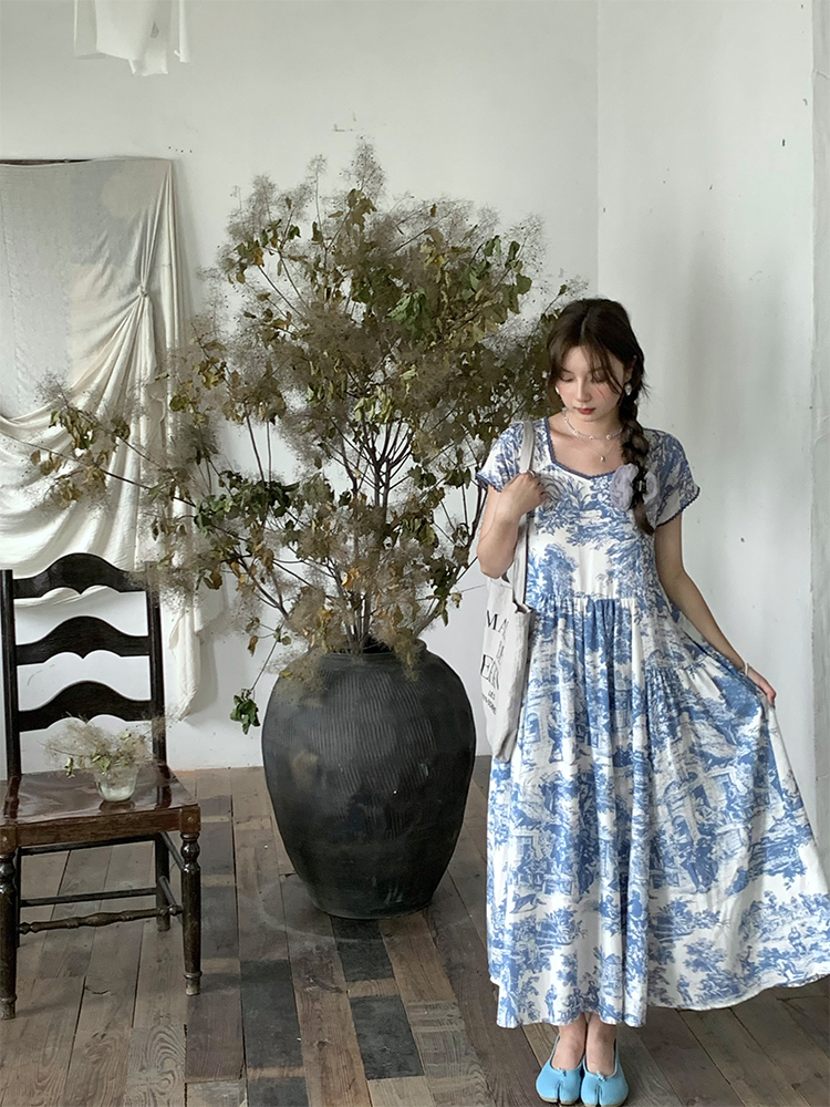 Blue Fan Star Garden French Retro Tencel Short Sleeve Dress for Women, Summer Loose Fit with Flying Sleeves, Vintage 90s Style Blue Fan Star Garden French Retro Tencel Short Sleeve Dress for Women, Summer Loose Fit with Flying Sleeves, Vintage 90s Style