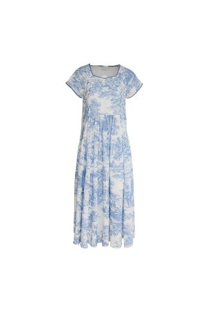 Blue Fan Star Garden French Retro Tencel Short Sleeve Dress for Women, Summer Loose Fit with Flying Sleeves, Vintage 90s Style