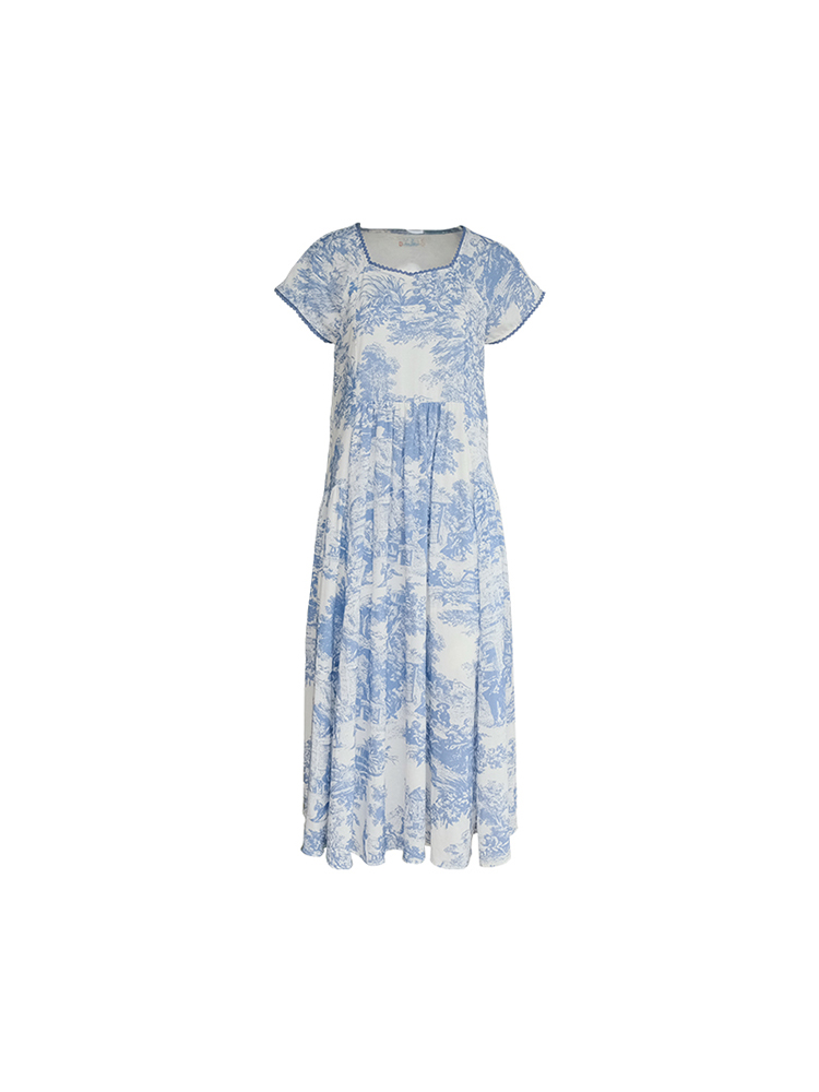 Blue Fan Star Garden French Retro Tencel Short Sleeve Dress for Women, Summer Loose Fit with Flying Sleeves, Vintage 90s Style Blue Fan Star Garden French Retro Tencel Short Sleeve Dress for Women, Summer Loose Fit with Flying Sleeves, Vintage 90s Style