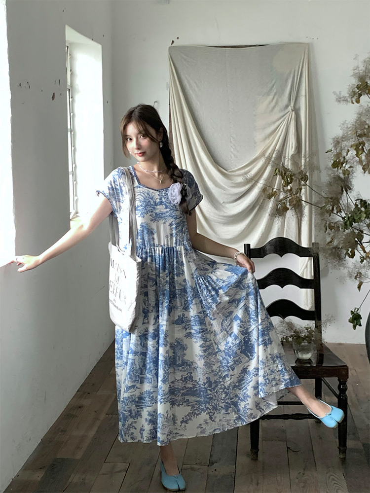 Blue Fan Star Garden French Retro Tencel Short Sleeve Dress for Women, Summer Loose Fit with Flying Sleeves, Vintage 90s Style Blue Fan Star Garden French Retro Tencel Short Sleeve Dress for Women, Summer Loose Fit with Flying Sleeves, Vintage 90s Style