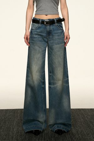 Blue Flared Denim Pants for Women - Summer High Street Straight-Leg Design, Loose Slimming Wide-Leg Style, Y2K Fashion Trend