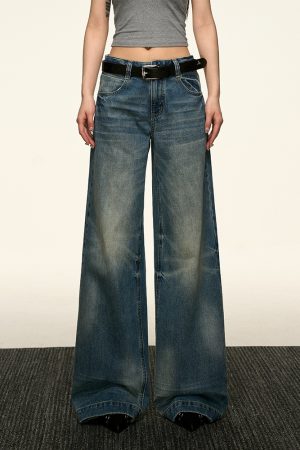 Blue Flared Denim Pants for Women - Summer High Street Straight-Leg Design, Loose Slimming Wide-Leg Style, Y2K Fashion Trend