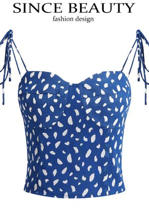Blue Floral Camisole for Women - Slim Fit Versatile Style, 2025 Summer Trend, Perfect for Y2K and 90s Inspired Looks