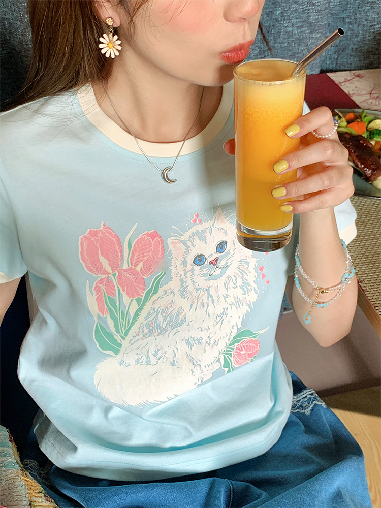 Blue Floral Printed Short Sleeve T-Shirt for Women - Vintage Loose Fit Retro Round Neck Top for Summer Fashion Blue Floral Printed Short Sleeve T-Shirt for Women - Vintage Loose Fit Retro Round Neck Top for Summer Fashion