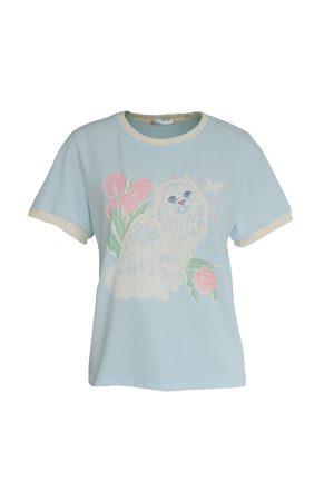 Blue Floral Printed Short Sleeve T-Shirt for Women - Vintage Loose Fit Retro Round Neck Top for Summer Fashion