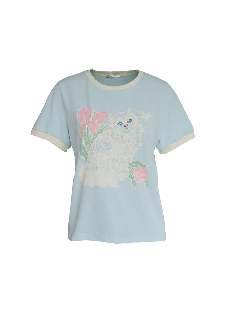 Blue Floral Printed Short Sleeve T-Shirt for Women - Vintage Loose Fit Retro Round Neck Top for Summer Fashion Blue Floral Printed Short Sleeve T-Shirt for Women - Vintage Loose Fit Retro Round Neck Top for Summer Fashion