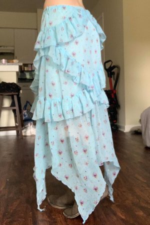 Blue Floral Ruffled Hem Midi Skirt for Women - Irregular Straight Draped Tulle in 90s Y2K Style