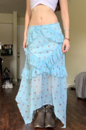 Blue Floral Ruffled Hem Midi Skirt for Women - Irregular Straight Draped Tulle in 90s Y2K Style