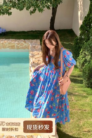 Blue Floral Square Neck Short Sleeve Dress for Women - Vintage Loose Puff Sleeve Long Dress - Late Spring 90s Inspired Summer Style