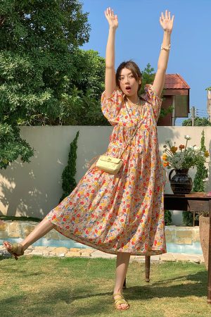 Blue Floral Square Neck Short Sleeve Dress for Women - Vintage Loose Puff Sleeve Long Dress - Late Spring 90s Inspired Summer Style